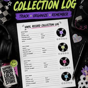 Może przedstawiać: Projekt rejestru kolekcji płyt winylowych z miejscem na śledzenie szczegółów albumu. Projekt zawiera tekst "VINYL RECORD COLLECTION LOG" pogrubioną czcionką. Zawiera sekcje dla artysty, albumu, daty wydania i innych szczegółów.