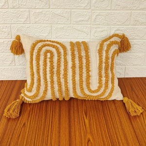 Tufted Textured Ivory Mustard Yellow Boho Pillow Cover Bohemian Cotton Thick Fabric 14x20 Tassel Pillow