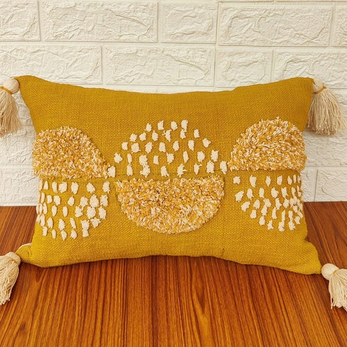 Mustard Yellow Tufted Boho Textured Pillow Case With Tassels Etsy