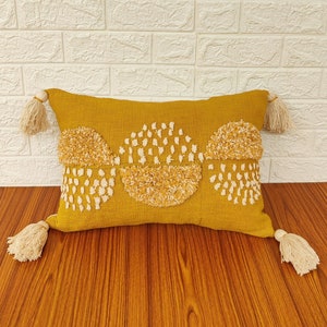 Mustard Yellow Tufted Textured Boho Pillow Cover Bohemian Cotton Thick Fabric Tassel Pillow