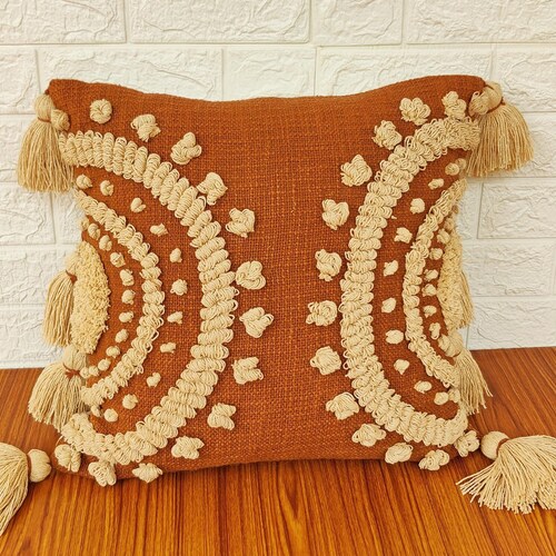 Tufted Boho Textured Pillow Cover Grey & Blue Embroidered Etsy