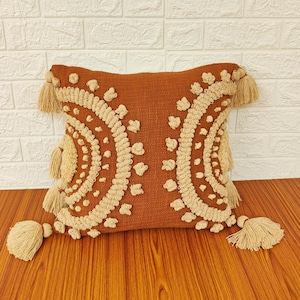 Tufted Embroidered Boho Textured Rust Orange & Cream Cushion Cover Cotton Textured Fabric Bohemian 18x18 Pillow Cover with Tassels