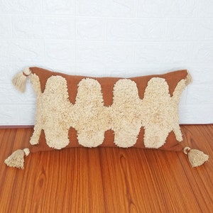 Indian Hand Embroidery Tufted Textured Cushion Cover Boho Decorative Rust Orange & Cream Cotton Throw Pillow