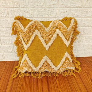 Mustard Fringe Textured Pillow Cover Embroidered Boho Tufted Textured Pillow Cover Bohemian Cotton Thick Textured Fabric Tassel Pillow Cover