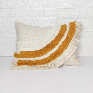 Mustard Yellow Tufted Textured Boho Pillow Cover Bohemian Cotton Thick Fabric 14x20 Inches Fringe Pillow Case
