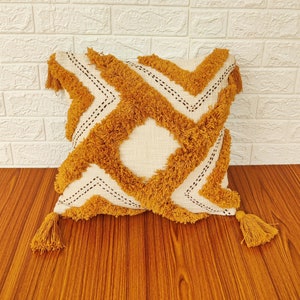 Hand Kantha Embroidered Tufted Textured Mustard Yellow & Ivory Embroidered Cushion Cover Boho Decorative Throw Pillow Cover