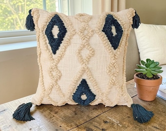 Getufte boho-kussenhoes: geometrisch katoen met kwastjes (18 x 18, 20 x 20)