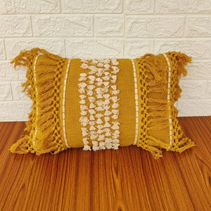 Embroidered Fringe Pillow Cover Mustard Yellow & Ivory Boho Textured Cushion Cover Bohemian Cotton Thick Fabric Fringe Pillow Case