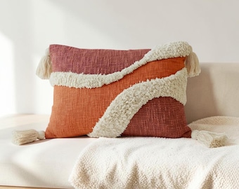 Embroidered Cotton Lumbar Pillow Cover: Textured Boho Rust Orange Terracotta Tassels