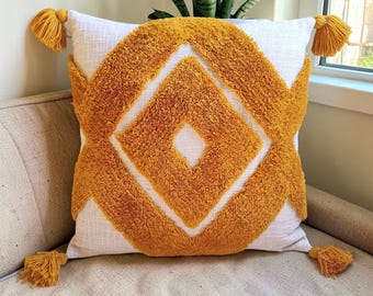Handgemaakt diamantkussen met textuur, geelgrijs kussen met kwastjes, boho-katoenen hoes