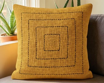 Boho Mustard Yellow Cushion Cover with Handcrafted Geometric Square Embroidery, Modern Bohemian Throw Pillow.