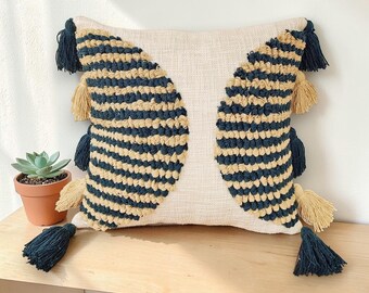 Boho Tufted Pillow Cover with Tassels, 18x18 Inch Textured Cotton Case