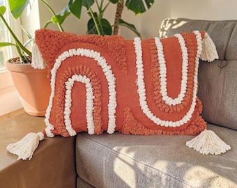 Terracotta Tufted Cotton Lumbar Pillow Cover – Boho Embroidered Throw Cushion 14x20