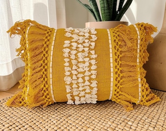 Mustard Yellow Embroidered Cotton Pillow Cover with Ivory Tassels (14x20 Inches)