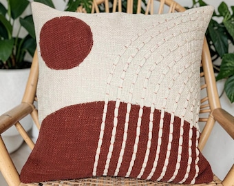 Embroidered Cotton Boho Cushion Cover: Rust Orange Textured Throw Pillow (18x18 Inches)