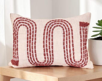 Embroidered Cotton Pillow Cover: Natural White, Terracotta Boho Textured Lumbar Case