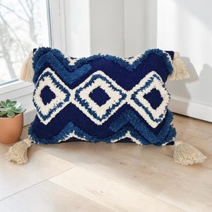 Navy Blue & Ivory Embroidered Hand Machine Tufted Boho Textured Raw Cotton Pillow Cover Decorative Throw Pillow 14x20 Inches Cushion Cover