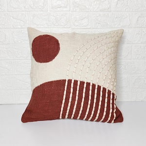 Cotton Textured Fabric Applique Embroidery Boho Cushion Cover Decorative Rust Orange Natural White Cotton 18x18 Inches Throw Pillow Cover