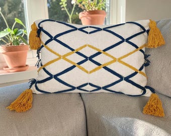 Teal Blue Mustard Yellow Tufted Textured Boho Pillow Cover, Cotton Fringe Case (14x20 Inches)
