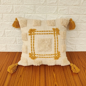 Natural White & Mustard Yellow Tufted Textured Boho Pillow Cover Bohemian Cotton Thick Fabric Tassel Pillow Cover