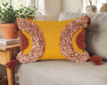Mustard Yellow Tufted Pillow Cover, Textured Boho Cotton Lumbar Cushion (14x20 Inches)