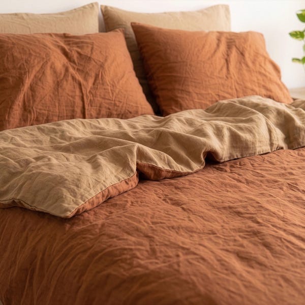 Cotton Cinnmon, Sandwood  Duvet Cover , Reversible Rust Bedding, Softened Rust Quilt Cover with Pillowcases, Boho Earth Tone Bedding