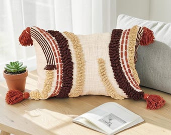Tufted Boho Lumbar Pillow Cover: Embroidered Cotton Cushion (14x20 Inches)