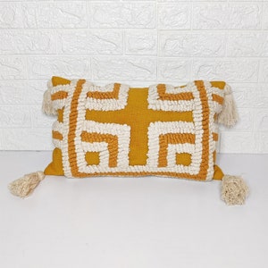 Hand Embroidery Tufted Textured Natural Raw Cotton Boho Decorative Mustard & Ivory 12x20 Inches (30x50 CM) Cushion Cover Throw Pillow Case