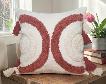 Boho-kussenhoes met textuur, katoenen getufte kussenhoes met mozaïekpatroon