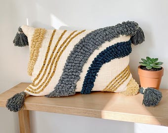 Embroidered Tufted Cotton Pillow Cover: Boho Textured Throw Cushion 14x20