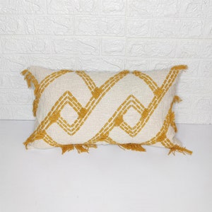 Hand Embroidered Textured Ivory Mustard Yellow Boho Pillow Cover Natural Raw Cotton Thick Fabric 14x24 Inches Fringe Cushion Cover