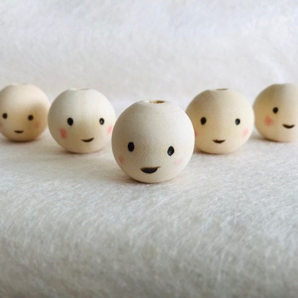 Natural Wood Finish 25mm Bead Head with Smiley Face - Doll Angel Fairy