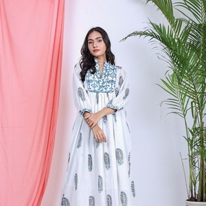 Pure Cotton Midi Ikat Cream Blue Floral Dress Indian Block Print Earthy  Summer Elegant Comfy Daywear Outfit Front Button Down Casual Mommy 