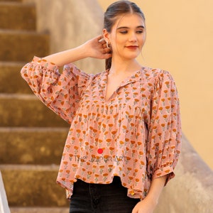 Bestseller Block Printed Soft Cotton Blouse Floral Pink Billowy Sleeve Summer Casual Wear Elegant Boho Women Blouse Gifts For Her zdjęcie 1