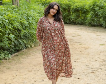 Hand Block Printed Dress| Summer Dress| Brown dress| Fall dress| Cotton dress| Handmade| Made in India| Cotton dress