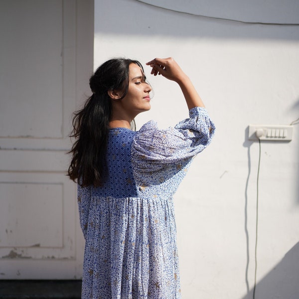 Bestseller Hand Block Printed Summer Cotton Blue- White V Neck Anisa Midi Dress Handmade Made in India Gift For Her