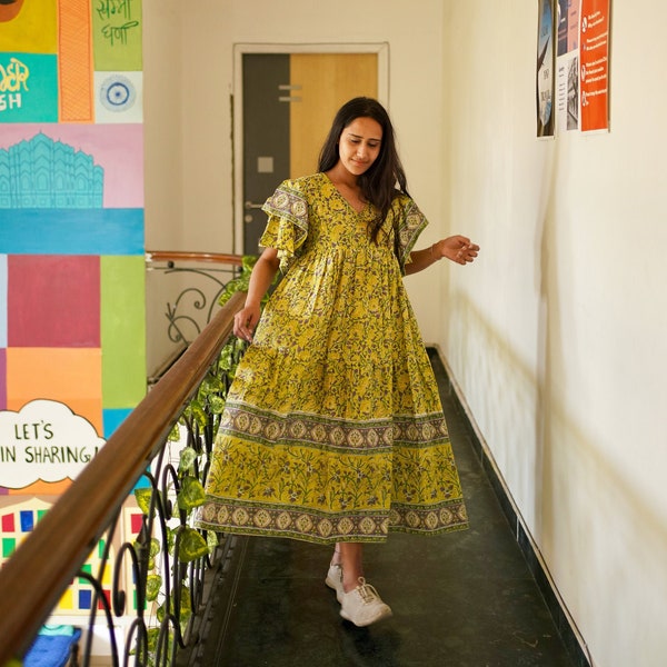 Block print dress| Indian Hand Block Printed Dress| Summer Dress| Green Floral Dress