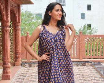 Jurk met print| Zomerjurk| Katoenen jurk| Geometrische print| Blauwe jurk| Handgemaakt| Gemaakt in India