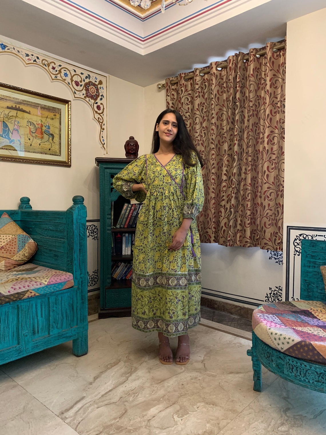 Hand Block Printed Wrap Dress Green Block Print Dress Summer Etsy