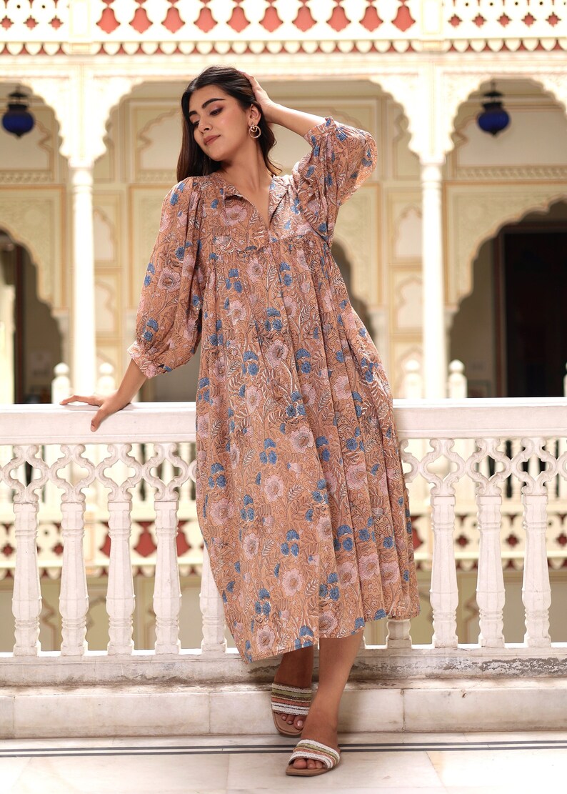 Boho Chic Handblock Dress Brown Organic Cotton dress Festival Handblock