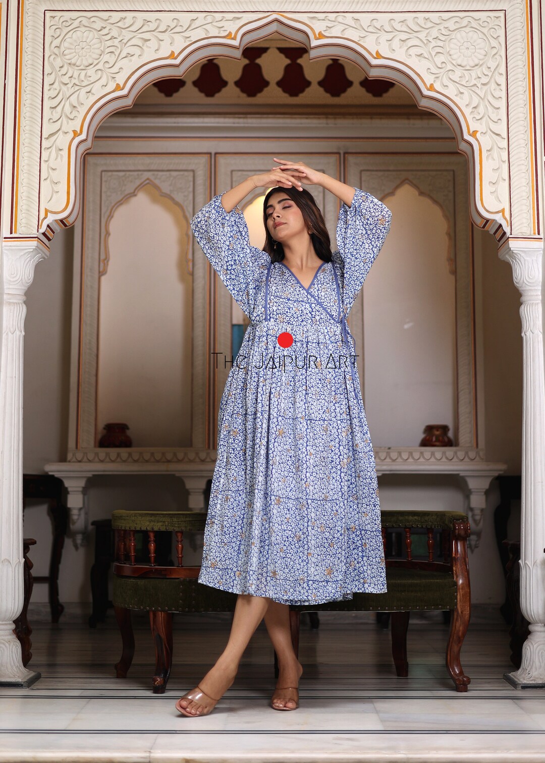 Hand Block Printed Wrap Dress Blue Block print dress Summer Dress
