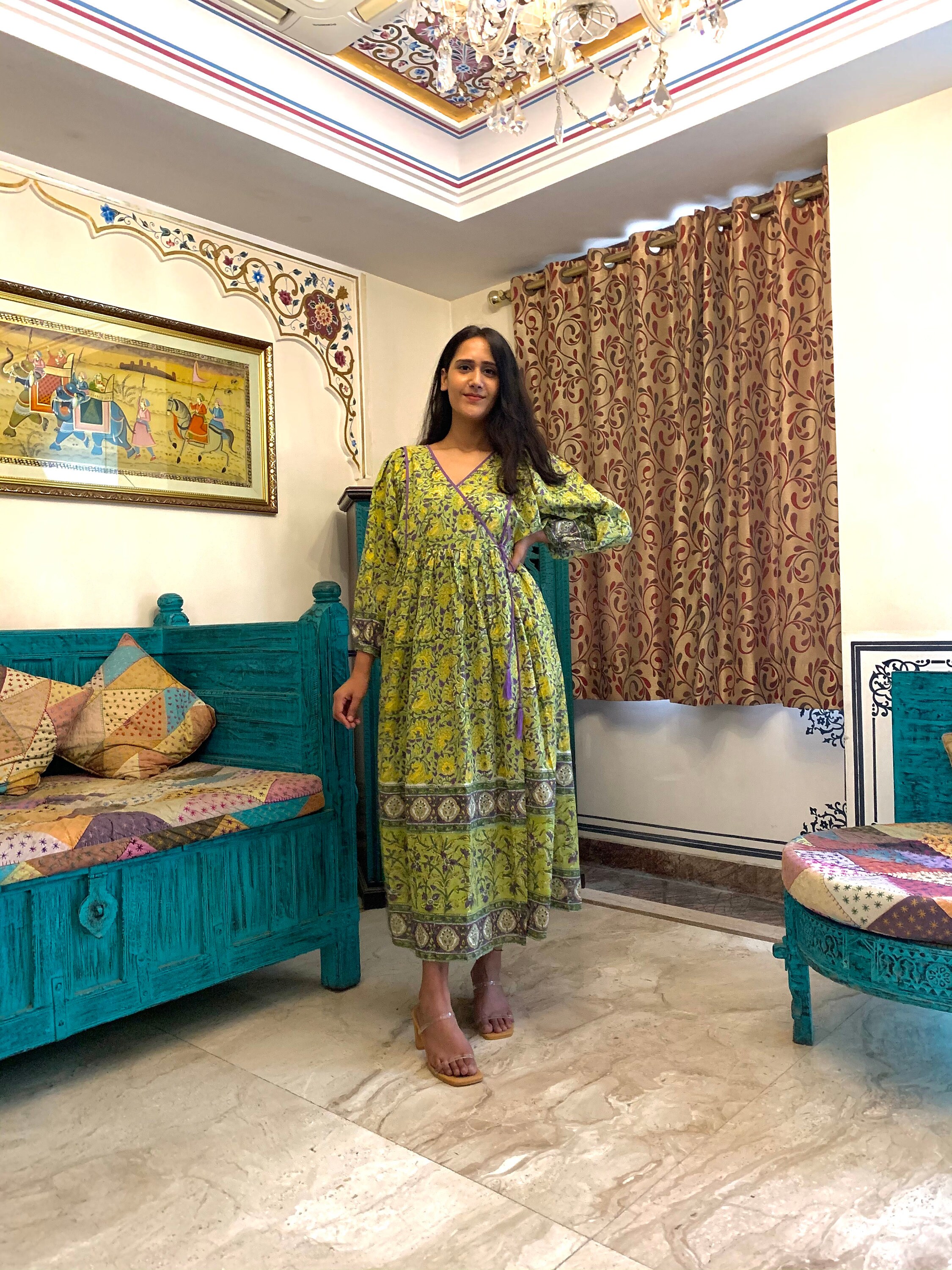 Hand Block Printed Wrap Dress Green Block Print Dress Summer Etsy