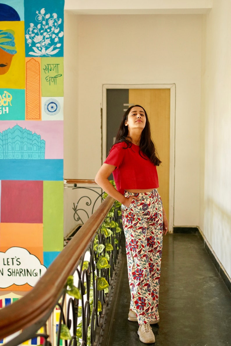 Wide leg Pants Cotton Crop T-Shirt Handmade Hand Block Printed Trouser Red T-Shirt