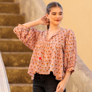 Bestseller Block Printed Soft Cotton Blouse Floral Pink Billowy Sleeve Summer Casual Wear Elegant Boho Women Blouse Gifts For Her zdjęcie 6