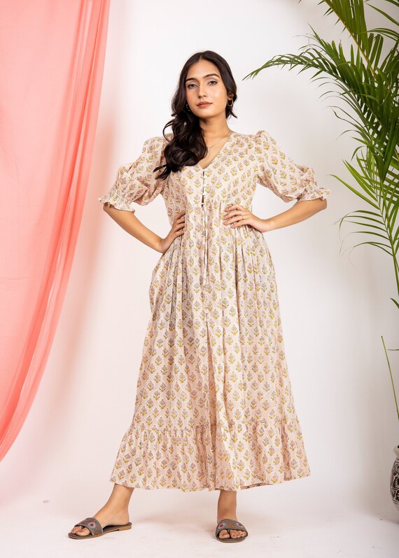 Hand Block Printed Maxi Dress Beige Babe Summer Midi Dress Floral Print Cotton Maxi Dress Holiday Maxi Dress Dress With Pockets Etsy