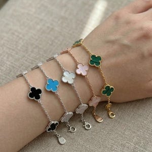 Four Leaf Clover Bracelet in 925 Sterling Silver, Lucky Flower Charm Bracelet, Onyx Mother of Pearl Malachite Turquoise Pink Shell Jewelry