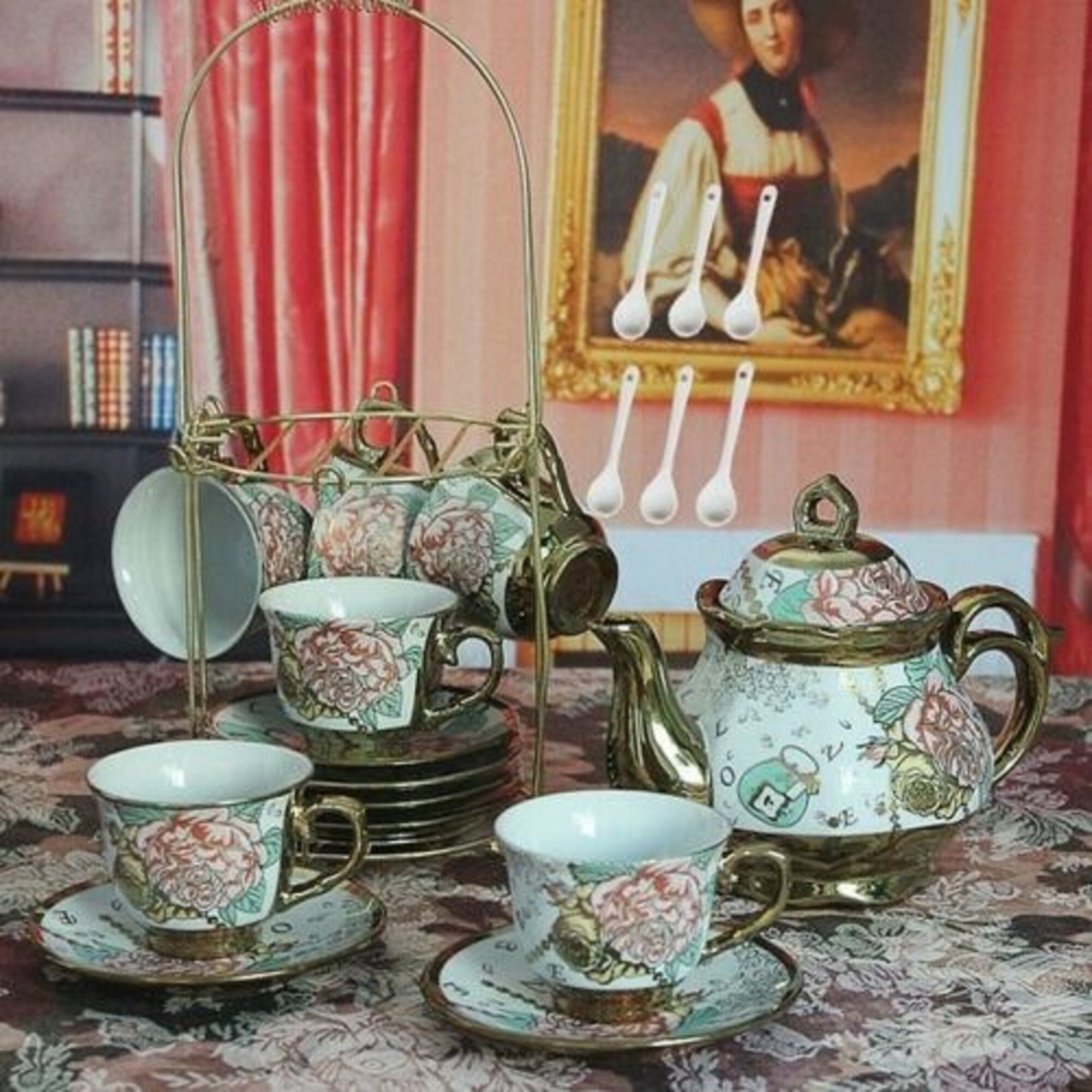 COMEONROA 20 Pcs Ceramic Tea Cup Set, Porcelain Coffee Tea Set, Elegant Cup  Set for Gifts, Adult, Gilded Rose