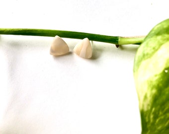May include: Two small, triangular stud earrings with a light beige color. The earrings are set against a white background, with a green stem and a leaf in the background.