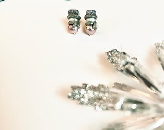 May include: A pair of snowman earrings with silver-colored hats and scarves, white bodies, and pink pearl-like bottoms. The earrings are set against a white background with silver snowflake and starburst decorations.