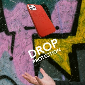 May include: A red phone case with a textured surface is shown against a graffiti background. The case has the words "LOAN & LIME" printed on it. The words "DROP PROTECTION" are also visible in the image.